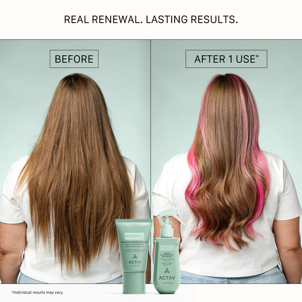 Before and after using ACTIIV Integrity Rx Repair All-In-One Heat Protectant showing reduced frizz, improved smoothness, and healthier-looking highlighted blonde hair after one use.