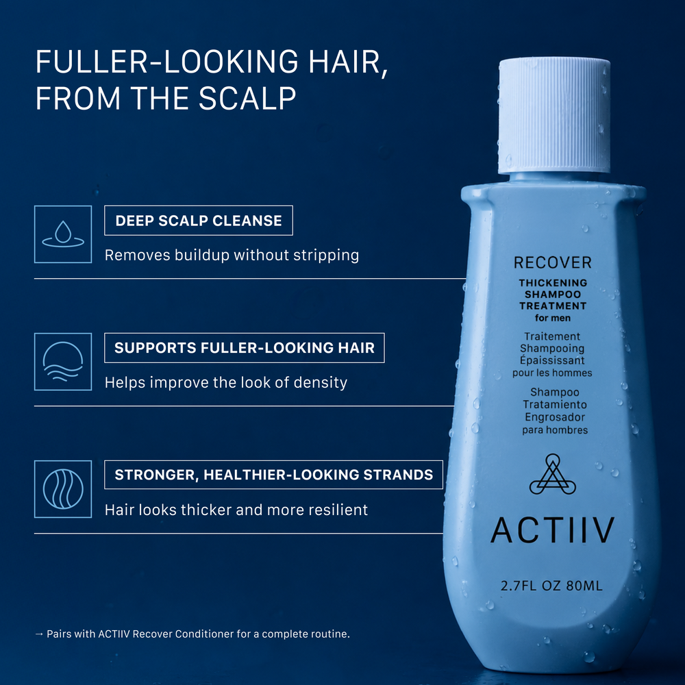 ACTIIV Recover Men's Travel Size Thickening Shampoo and Conditioner Duo, 2.7 oz plant-based hair care for thinning hair and healthy-looking scalp, Global Excellence Award Winner.