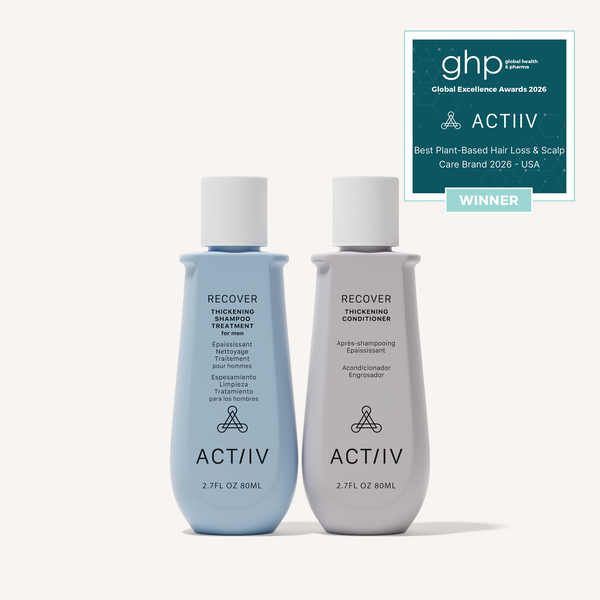 ACTIIV Recover Men's Travel Size Thickening Shampoo and Conditioner Duo, 2.7 oz plant-based hair care for thinning hair and healthy-looking scalp, Global Excellence Award Winner.
