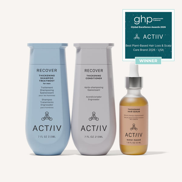 ACTIIV Recover Men's Thickening Hair Care Trio featuring plant-based thickening shampoo, conditioner, and water-based hair serum for thinning hair and healthy-looking scalp, Global Excellence Award Winner.
