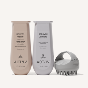 ACTIIV Remedy dandruff shampoo treatment and scalp massager set for flakes and dry scalp care with plant-based ingredients