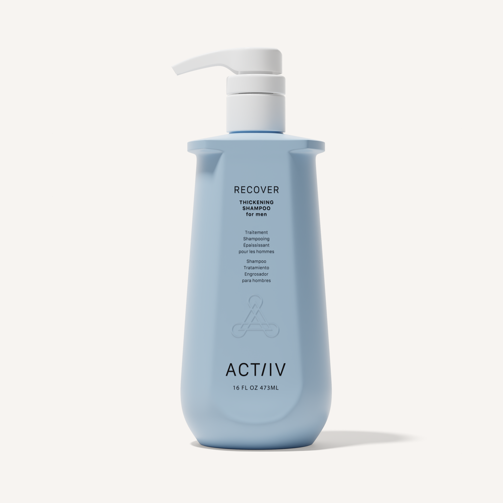ACTIIV Recover Thickening Shampoo for Men 16 oz in blue bottle, plant-based scalp care for visibly fuller-looking hair