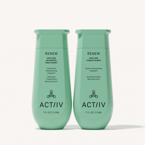 ACTIIV Renew Healing Shampoo and Conditioner duo in mint green bottles on a clean neutral background, featuring plant-based hair care treatment packaging (7 fl oz), front-facing product image for scalp and hair health routine.
