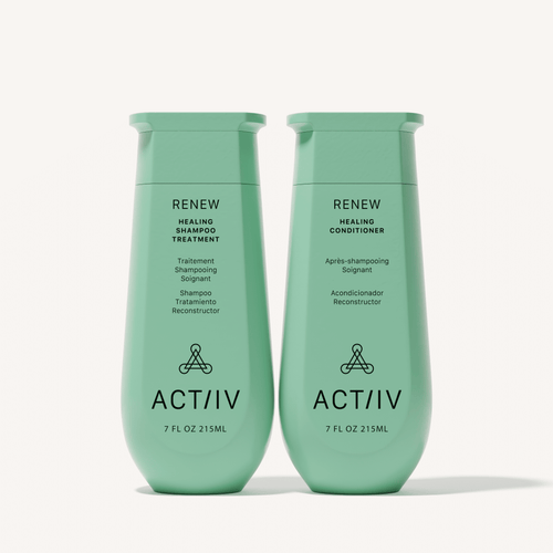 ACTIIV Renew Healing Shampoo and Conditioner duo in mint green bottles on a clean neutral background, featuring plant-based hair care treatment packaging (7 fl oz), front-facing product image for scalp and hair health routine.