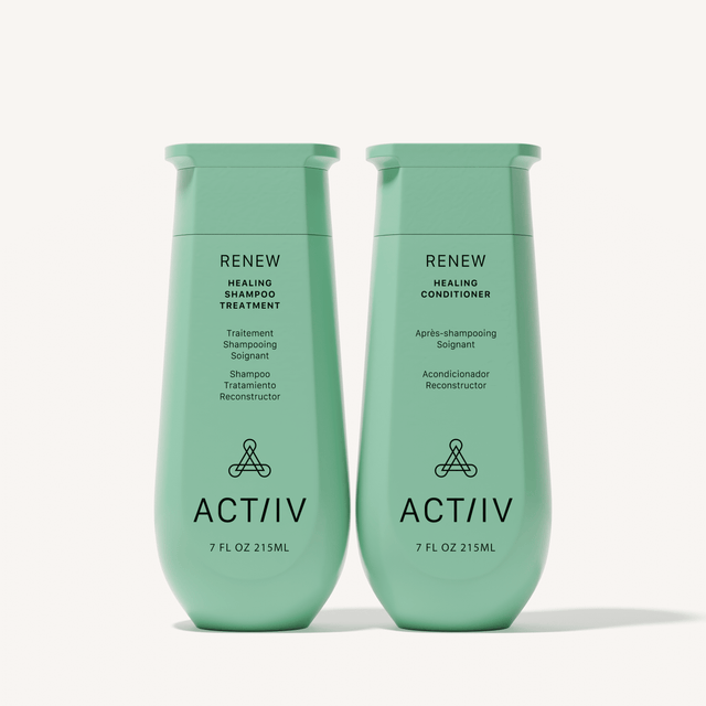 ACTIIV Renew Healing Shampoo and Conditioner duo in mint green bottles on a clean neutral background, featuring plant-based hair care treatment packaging (7 fl oz), front-facing product image for scalp and hair health routine.