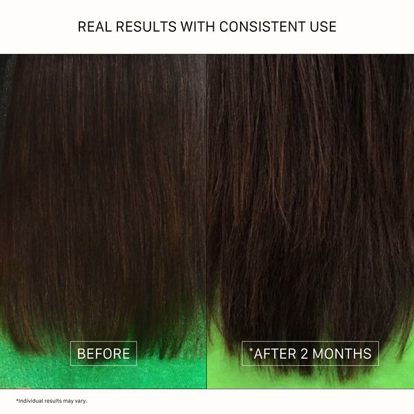 ACTIIV Renew Healing Conditioner before and after results showing smoother, softer, healthier-looking hair with improved manageability and reduced appearance of dryness after 2 months of consistent use. Plant-based conditioner for dry, damaged, and overprocessed hair.