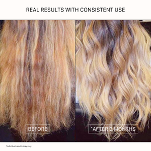 ACTIIV Renew Healing Shampoo and Conditioner before and after results for damaged blonde hair, showing smoother, shinier, healthier-looking hair with reduced frizz and improved softness after consistent use.