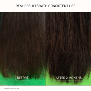 ACTIIV Renew Healing Shampoo and Conditioner before and after results for dry damaged brunette hair, showing smoother texture, softer strands, reduced breakage appearance, and healthier-looking shine after 2 months.