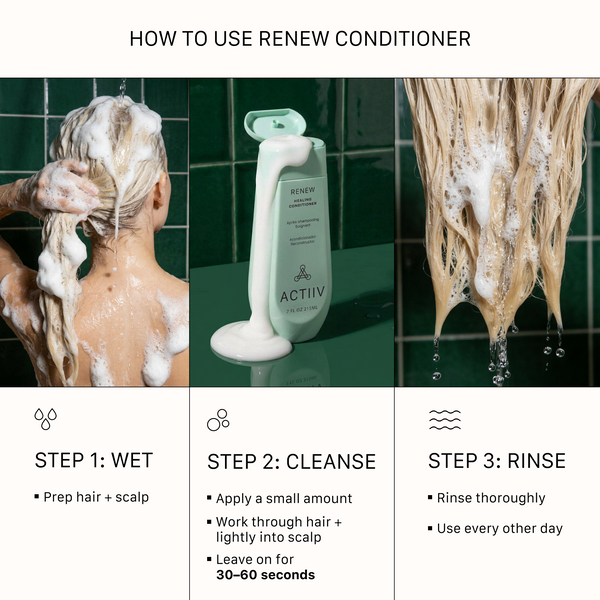 How to use ACTIIV Renew Healing Conditioner for best results — wet hair and scalp, apply a small amount, work through hair and lightly into scalp, leave on for 30–60 seconds, and rinse thoroughly. Lightweight conditioning routine for softer, smoother, healthier-looking hair.