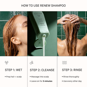 How to use ACTIIV Renew Healing Shampoo Treatment for best results — wet hair and scalp, massage shampoo into scalp, leave on for 5 minutes, and rinse thoroughly. Nourishing shampoo routine for damaged hair, scalp care, softness, and manageability