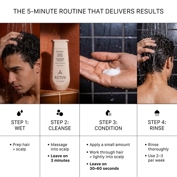 How to use ACTIIV Remedy Dandruff Shampoo and Recover Thickening Conditioner routine for dandruff control, scalp hydration, and fuller-looking hair