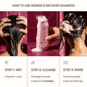 How to use ACTIIV Recover Thickening Shampoo Treatment for Women for best results — wet hair and scalp, massage shampoo into scalp, leave on for 5 minutes, and rinse thoroughly. Thickening shampoo routine for thinning hair and healthier-looking scalp.