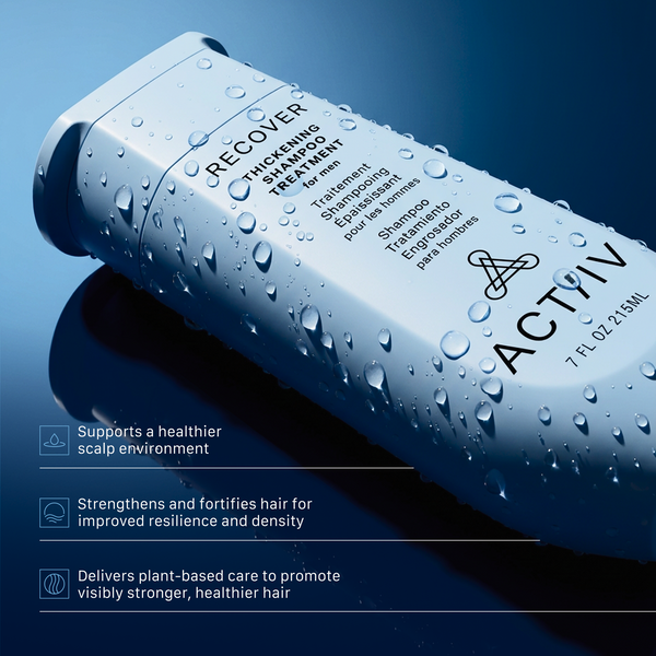ACTIIV Recover Men thickening shampoo bottle highlighting plant-based scalp care and hair strengthening benefits