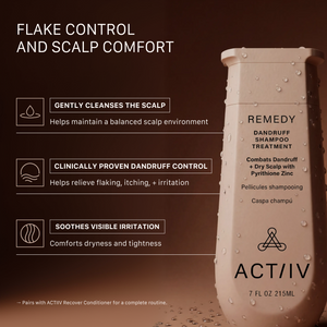 ACTIIV Remedy Dandruff Shampoo Treatment helps gently cleanse the scalp while providing clinically proven dandruff control. Pyrithione zinc formula helps relieve flaking, itching, irritation, dryness, and scalp discomfort while supporting a balanced scalp environment.
