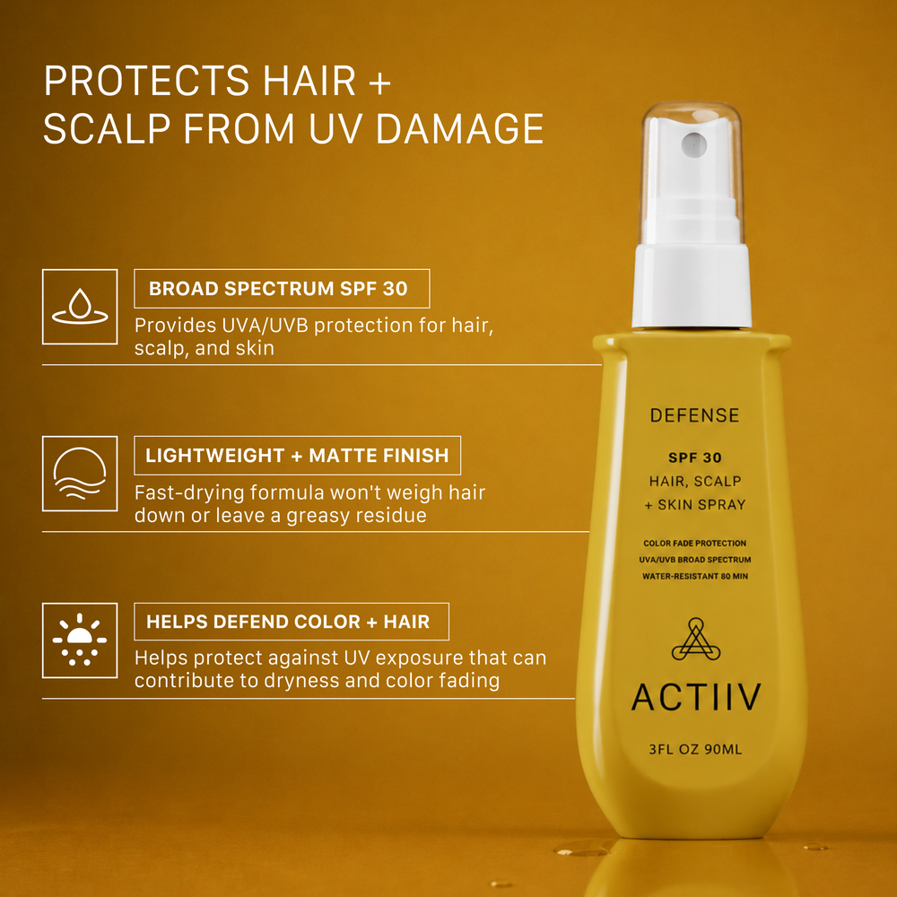 ACTIIV Defense SPF 30 hair scalp and skin spray sunscreen with UVA UVB protection water resistant 80 minutes 3 oz