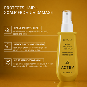ACTIIV Defense SPF 30 hair and scalp sunscreen spray bottle displayed with a summary of product benefits including broad-spectrum UV protection, a lightweight matte finish, and hair color fade protection.