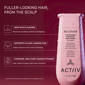 ACTIIV Recover Thickening Shampoo Treatment for Women helps support fuller-looking hair, healthier-looking strands, and a balanced scalp with plant-based ingredients. Deep scalp cleanse removes buildup without stripping while improving the appearance of hair density.