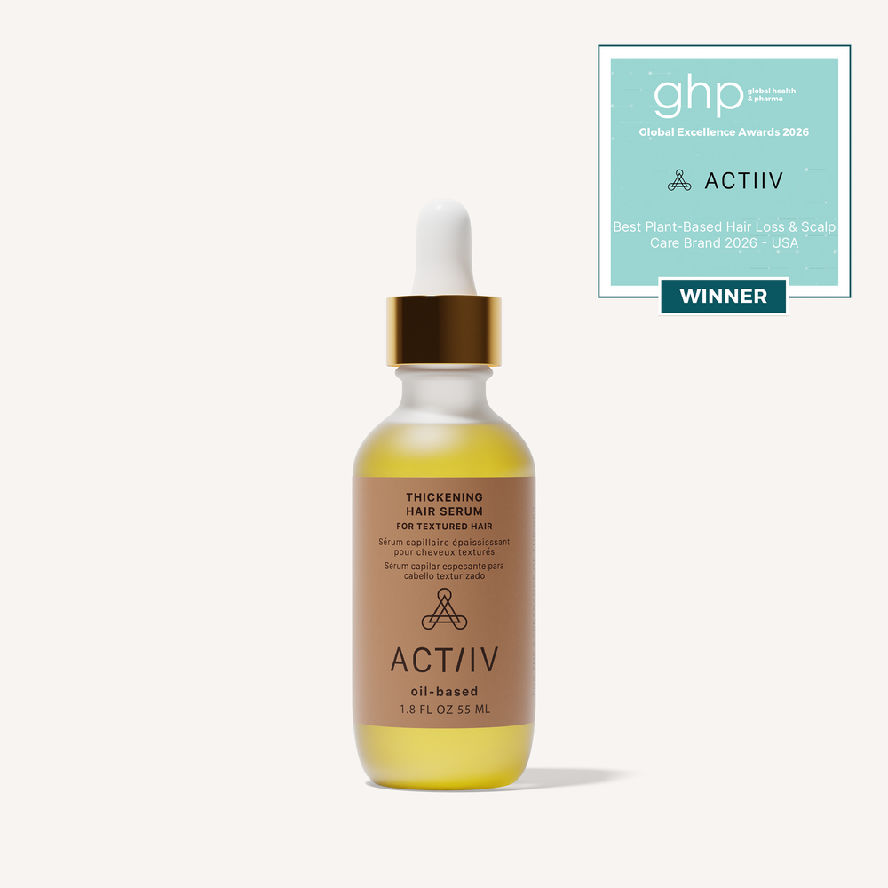 ACTIIV Thickening Oil-Based Hair Serum for Textured Hair, plant-based nourishing hair and scalp serum that helps improve the appearance of fuller, healthier-looking textured hair, Global Excellence Award Winner.
