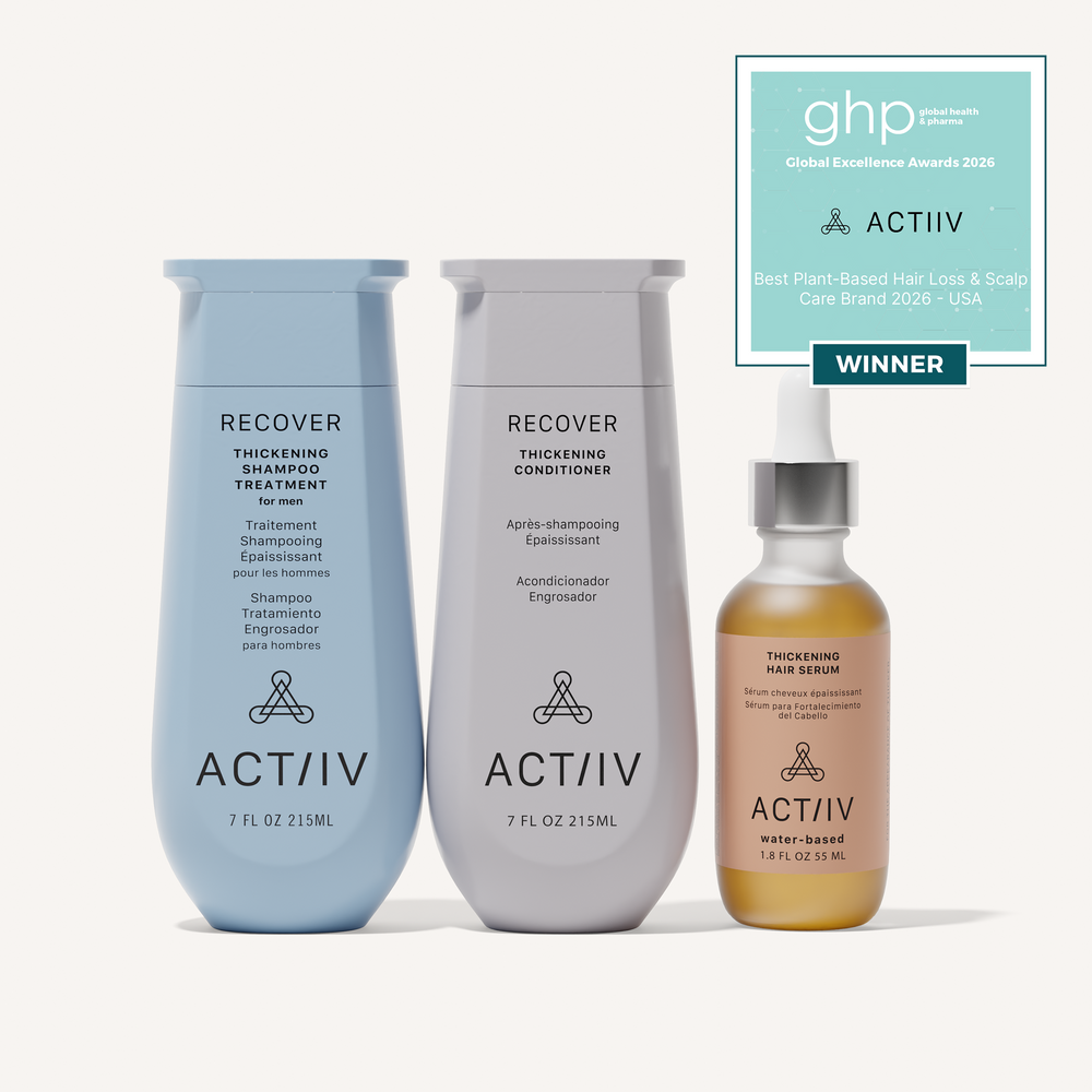 ACTIIV Recover Men's Thickening Hair Care Trio featuring plant-based thickening shampoo, conditioner, and water-based hair serum for thinning hair and healthy-looking scalp, Global Excellence Award Winner.