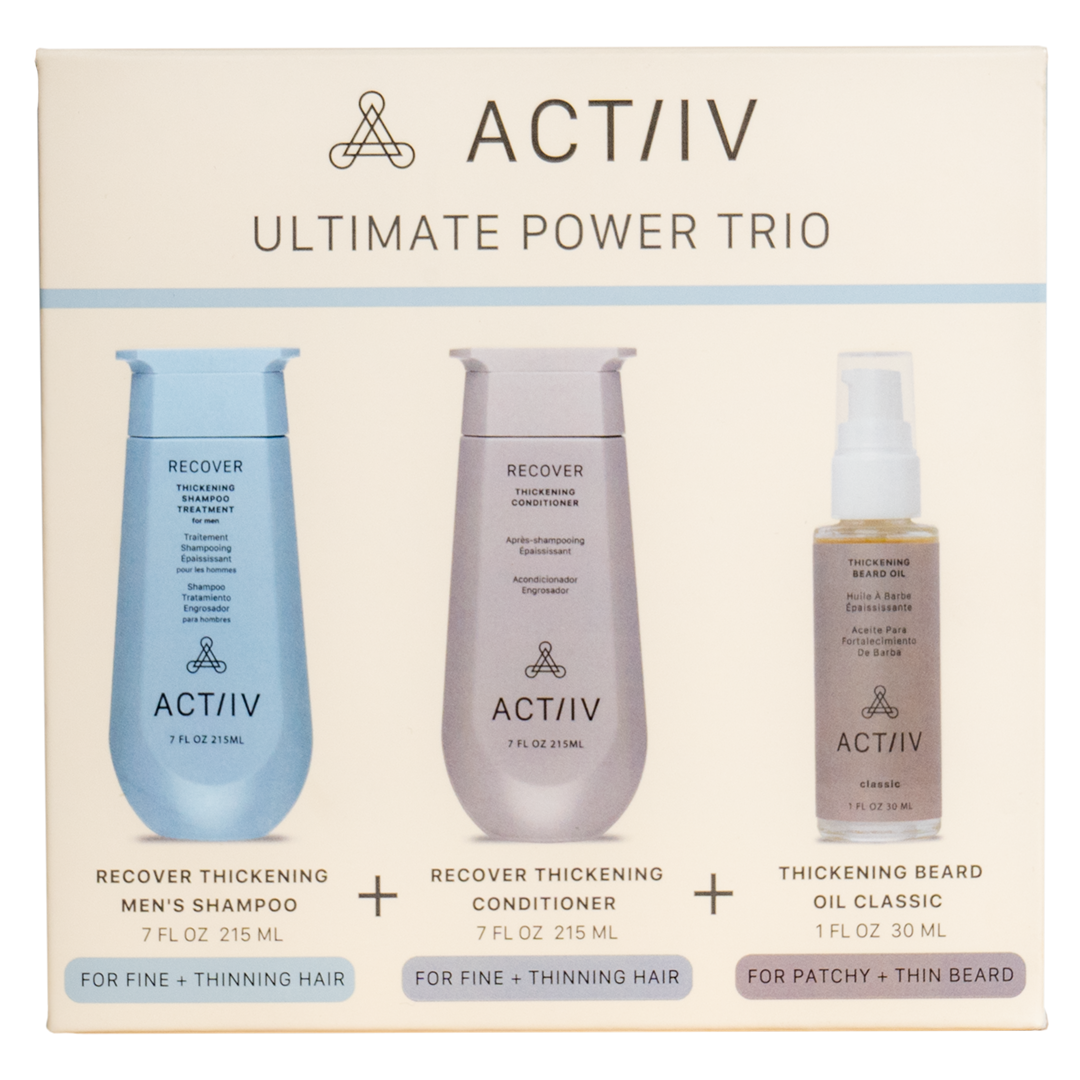 actiiv men's power trio with recover thickening shampoo and conditioner and thickening beard oil