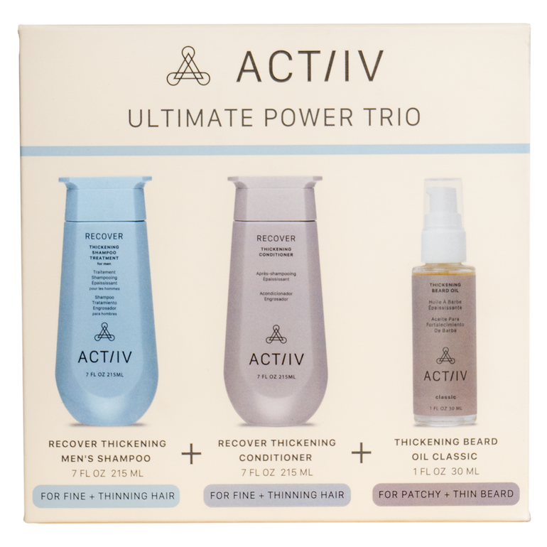 actiiv men's power trio with recover thickening shampoo and conditioner and thickening beard oil