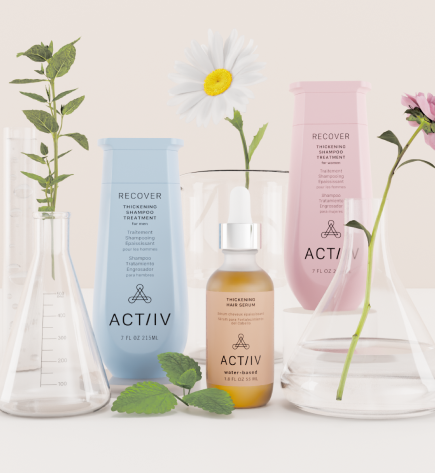 Actiiv shampoo and serum bottles with beakers and plants
