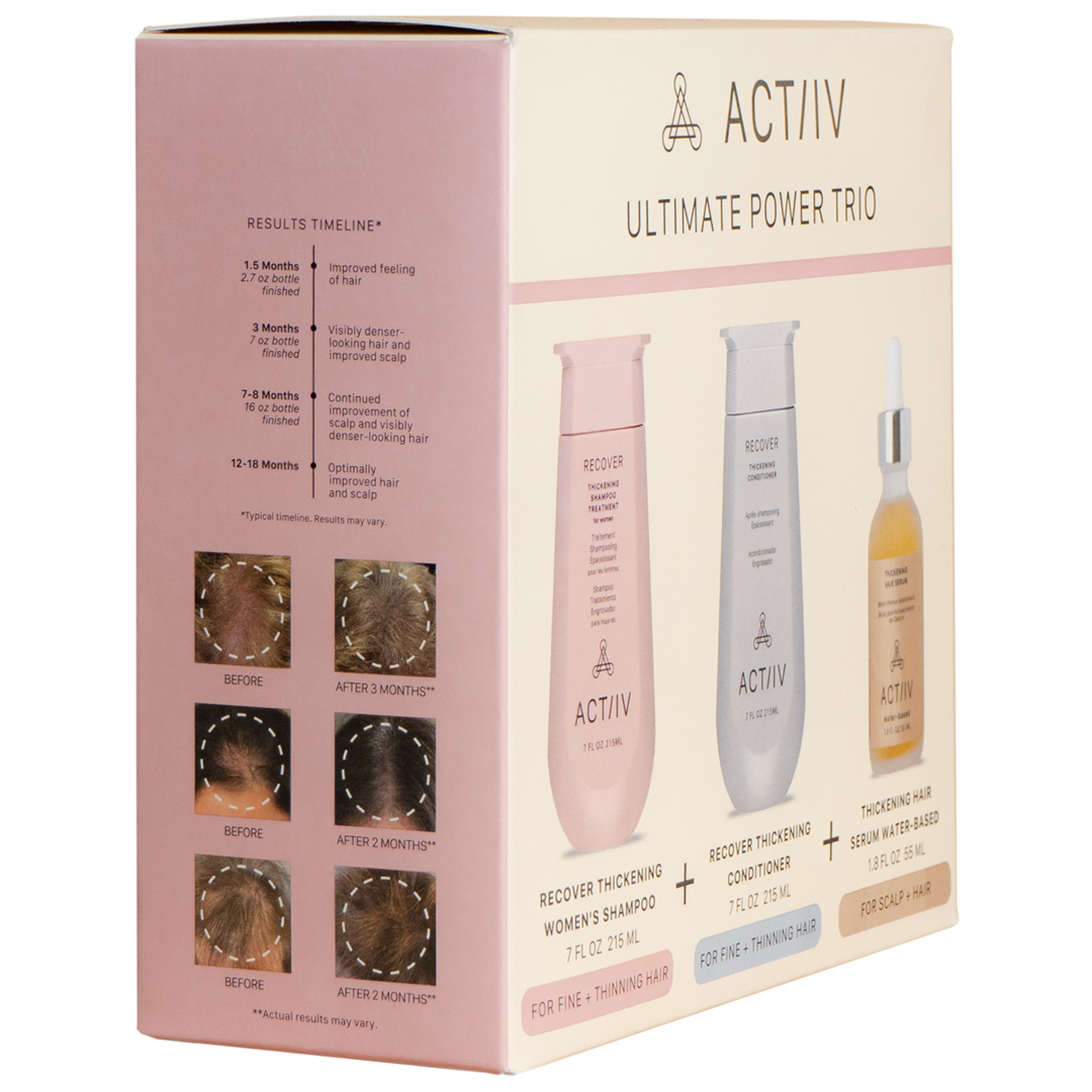 actiiv women's power trio with recover thickening shampoo and conditioner and thickening hair serum - side view