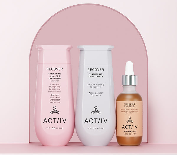 ACTIIV Recover women’s thickening shampoo, conditioner, and hair serum system designed to support fuller-looking hair and improve hair density appearance.