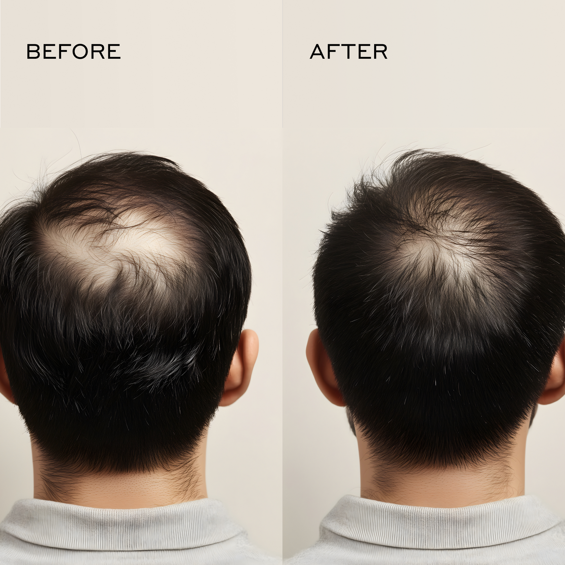 Before and after comparison showing thinning at the crown before use and a denser, more uniform-looking appearance at the crown after consistent use of Actiiv Recover Thickening Shampoo.