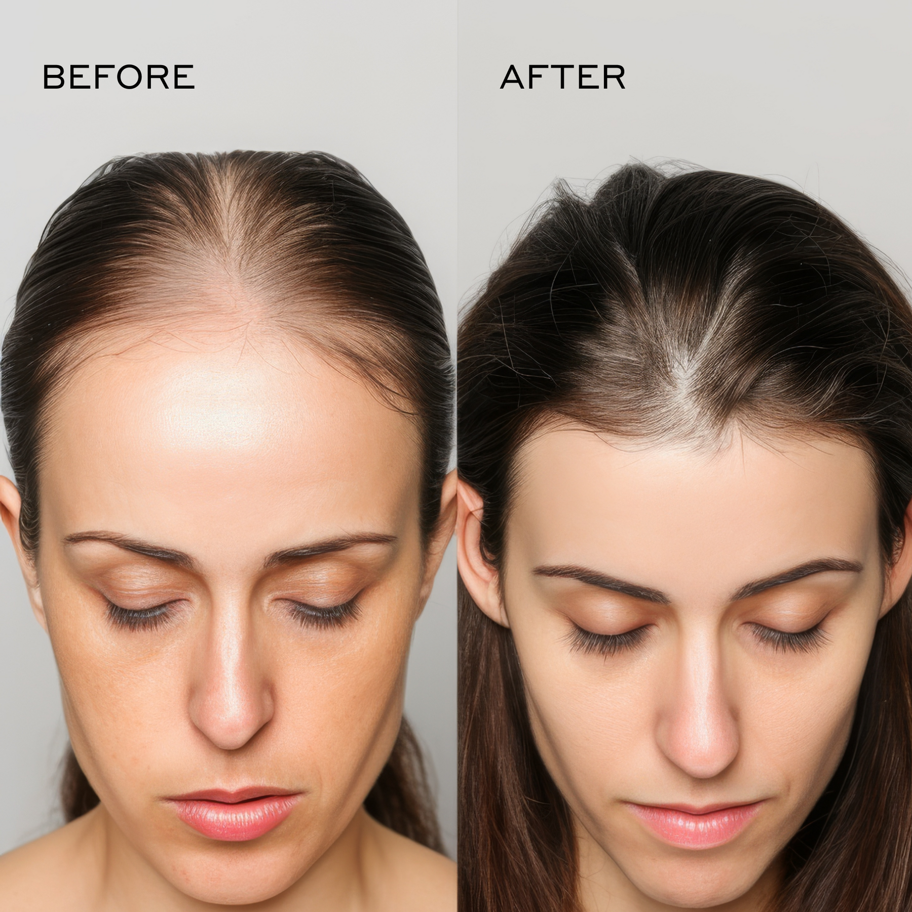 Before and after comparison showing a thinning hairline before use and a more even, fuller-looking hairline