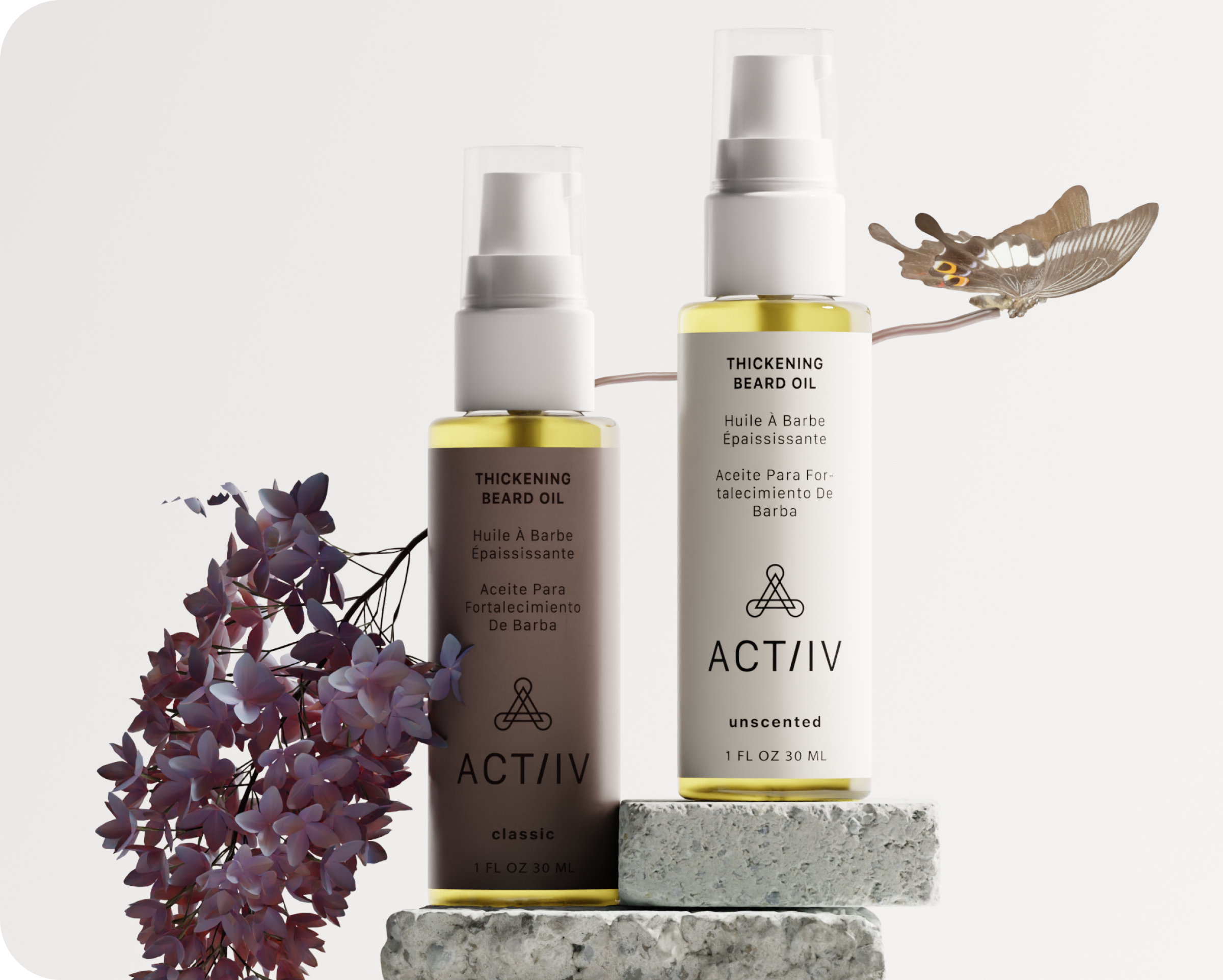 Two bottles of ACTIIV thickening beard oil with a decorative branch on a light background