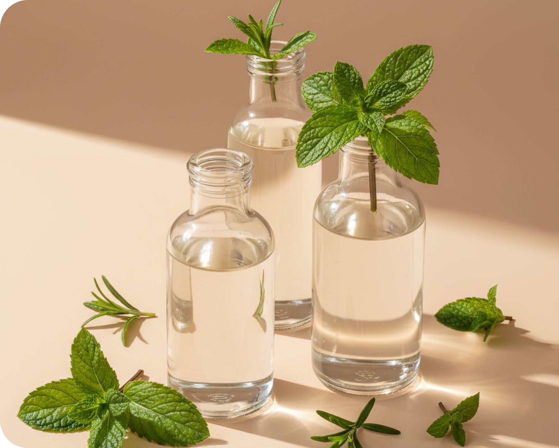 Three glass bottles with clear liquid and leaves on a beige background