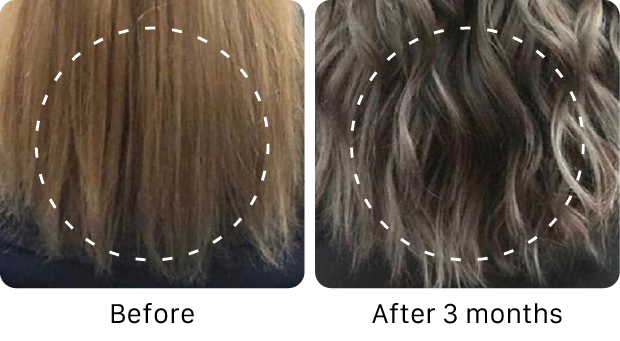 Before and after comparison of hair shine and hydration with a white dashed line indicating change.
