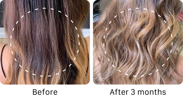 Before and after comparison of hair shine with a visible line showing the change.