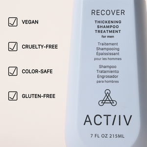 ACTIIV Recover Thickening Shampoo Treatment for Men – 7 fl oz (215 mL) bottle shown with product benefits: vegan, cruelty-free, color-safe, and gluten-free hair care formulation
