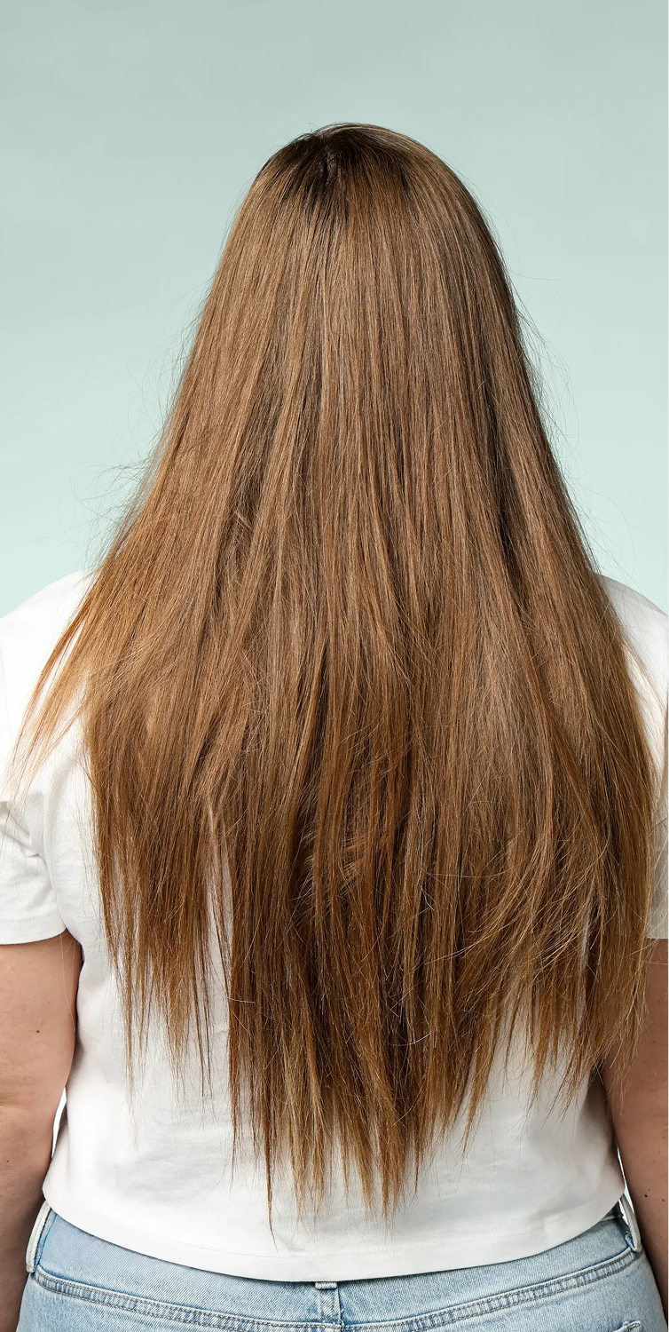 Back view of long brown hair showing natural texture, dryness and flyaways before a smoothing and conditioning hair care routine.