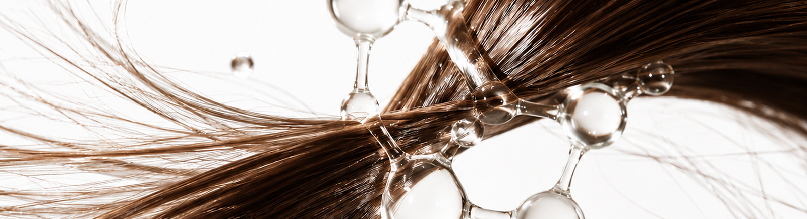 Close-up of brown hair strands surrounded by clear moisture droplets, representing hydration and conditioning for dry, damaged hair.