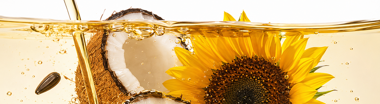 Coconut and sunflower immersed in golden oil, representing nourishing plant-based ingredients for hair care.