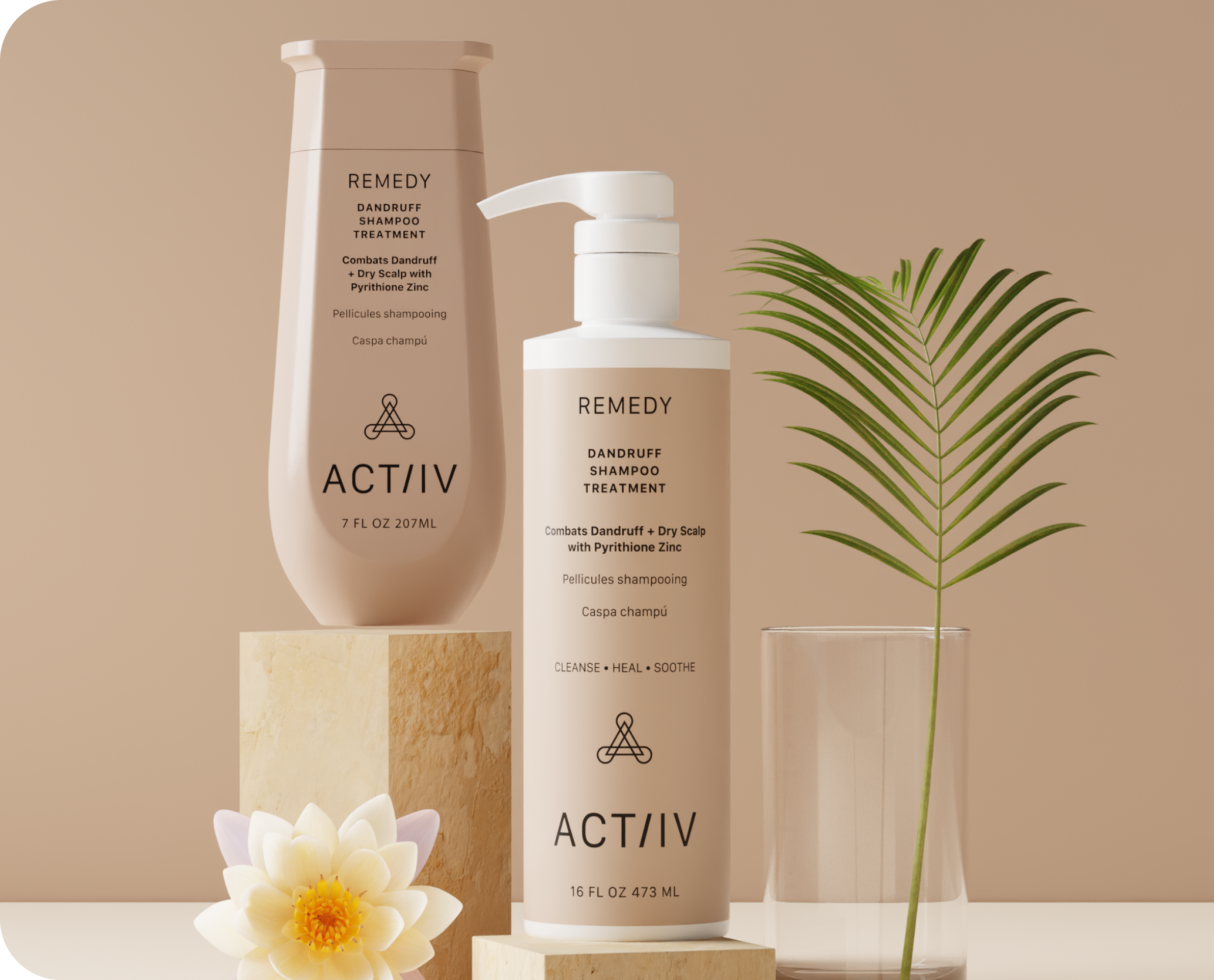 ACTIIV Remedy shampoo bottles on a beige background with decorative elements.