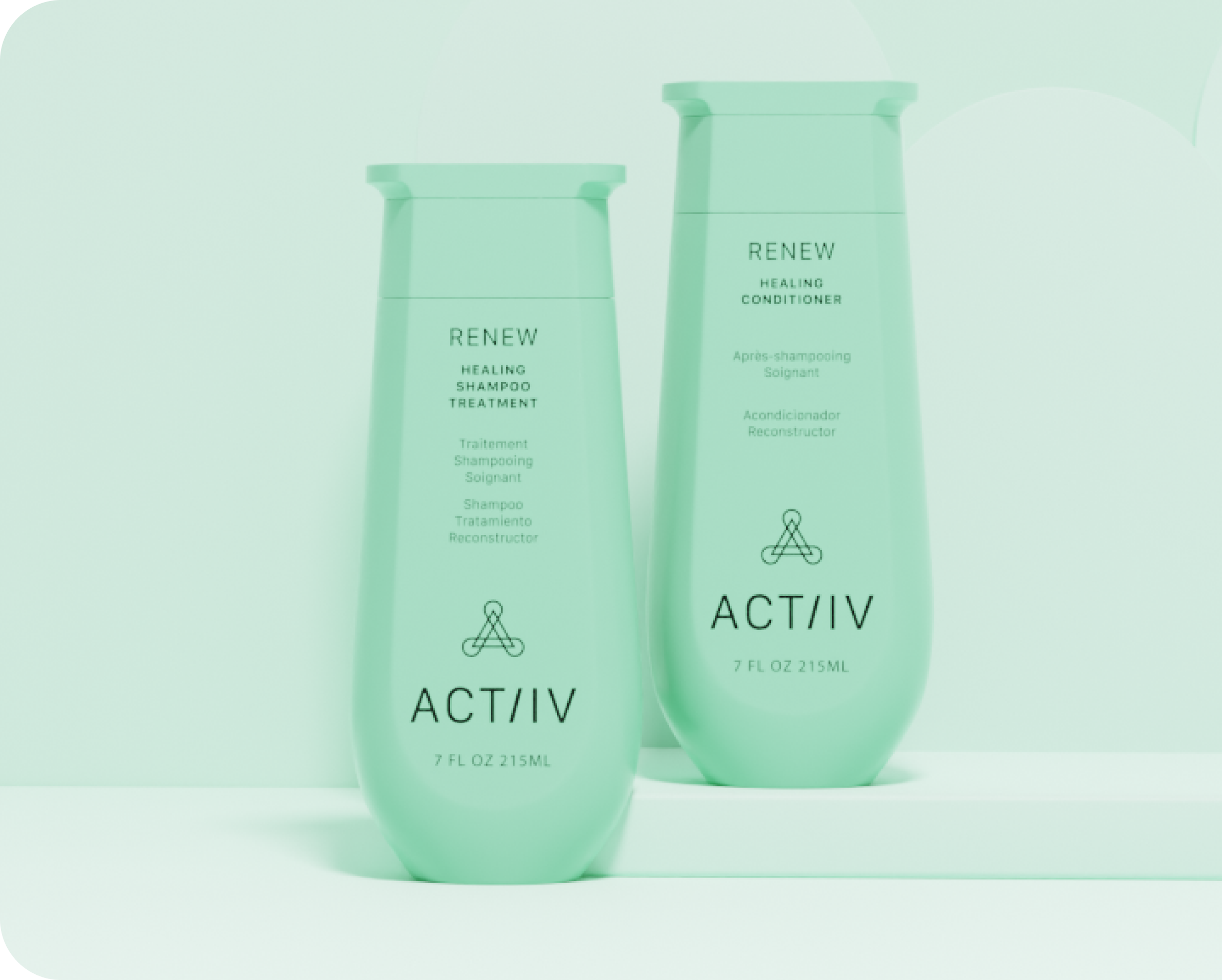 Two green bottles of ACTIIV Renew hair care products on a light green background