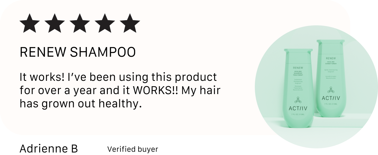 actiiv renew Shampoo bottles with a five-star rating and customer review on a white background