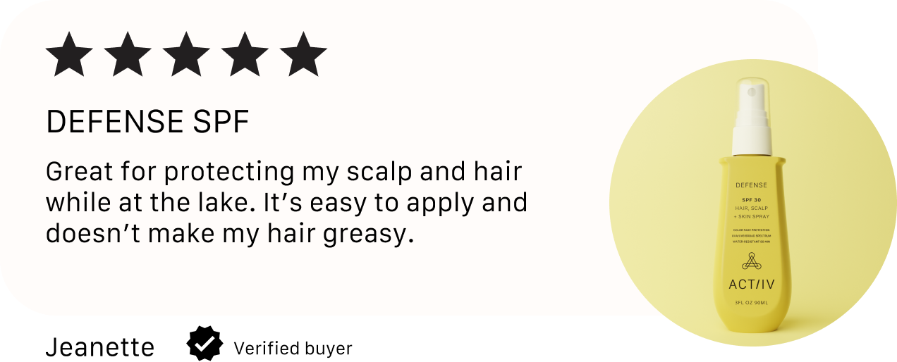 Yellow bottle of actiiv defense SPF product with customer review text.