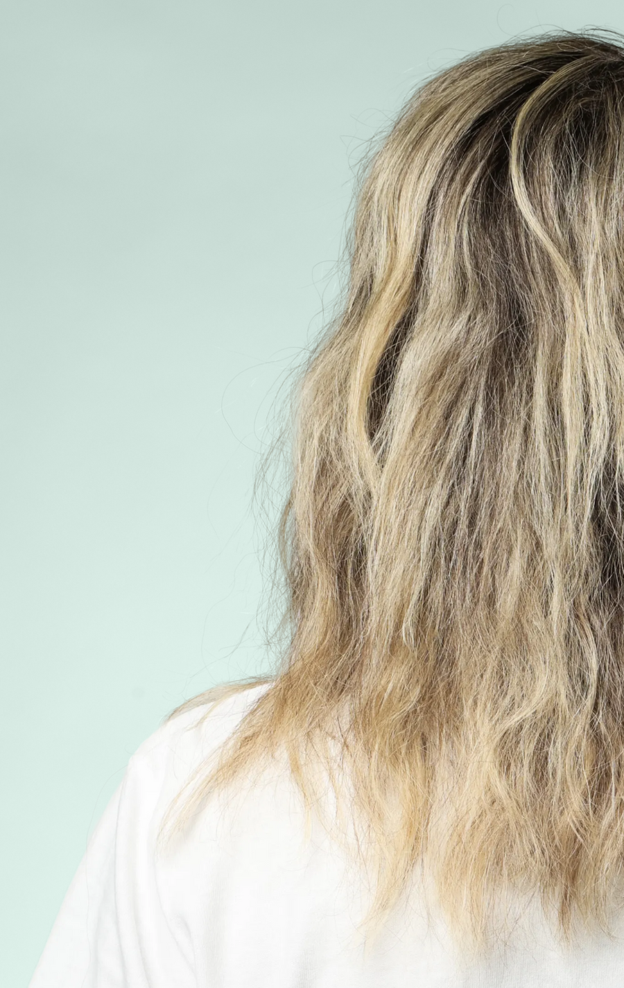 Back view of blonde hair showing dryness, frizz and rough texture before using ACTIIV INTEGRITYrx hair care.