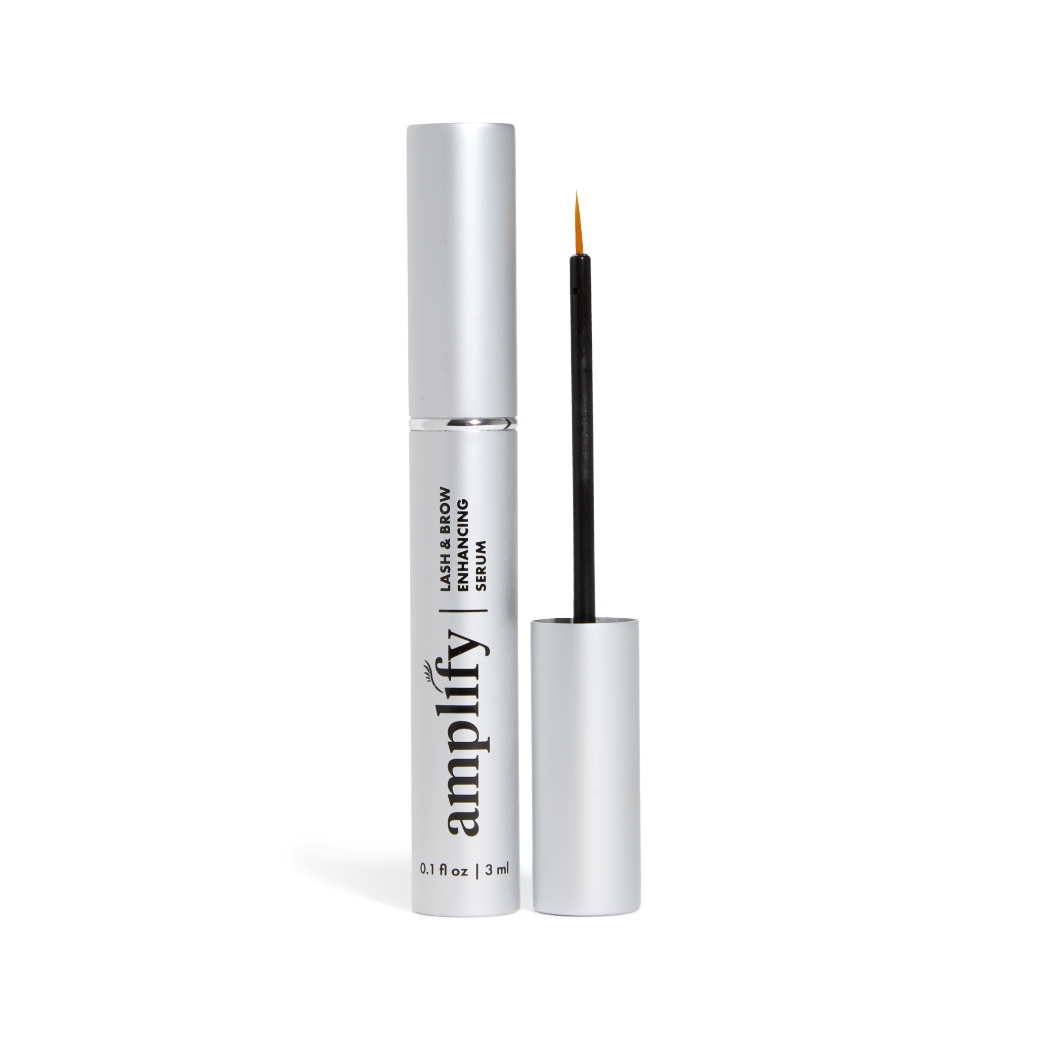 3ml Silver Bottle of Actiiv Amplify Lash and Brow Product with top open showing applicator
