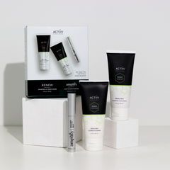Contents of Hair Lash and Brow Trio box including Actiiv Renew Healing Shampoo and Healing Conditioner, and Actiiv Amplify Lash and Brow Enhancing Serum